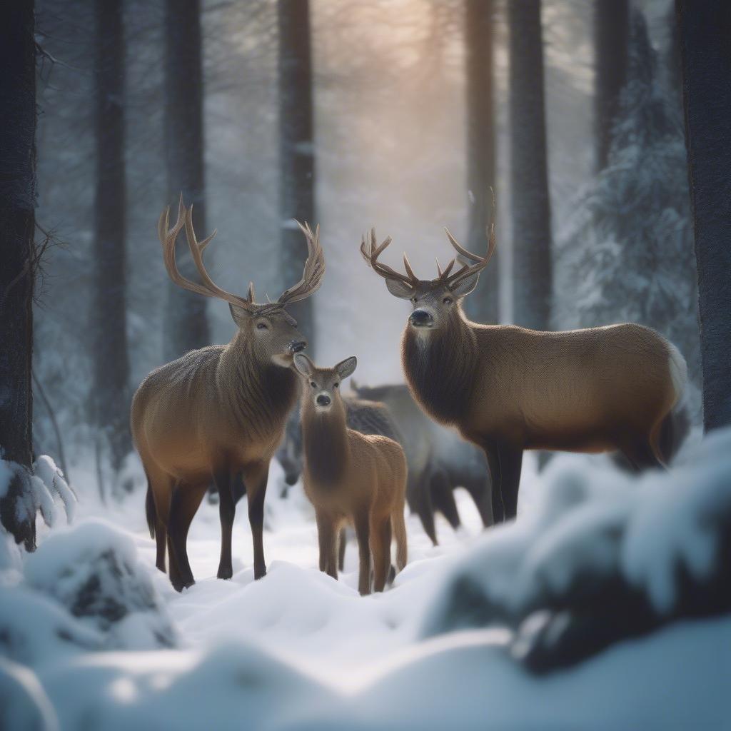 Una serena escena invernal con un grupo de ciervos en un bosque cubierto de nieve. La luz del sol brilla a través de los árboles, creando una atmósfera mágica.