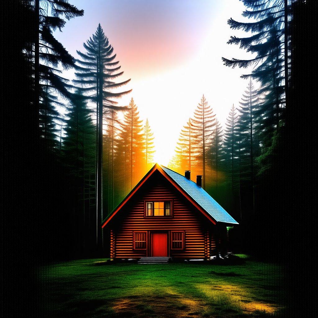 A cozy cabin nestled deep within the forest. The golden sun shines through the trees, casting a warm glow on the wooden structure. The serene setting evokes feelings of tranquility and peacefulness.