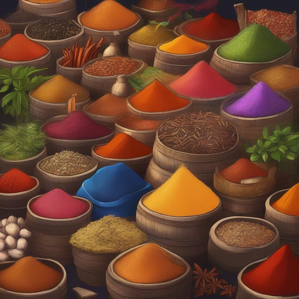 Colorful array of spices in wooden barrels, perfect for cooking enthusiasts or wallpapers to brighten up any screen.