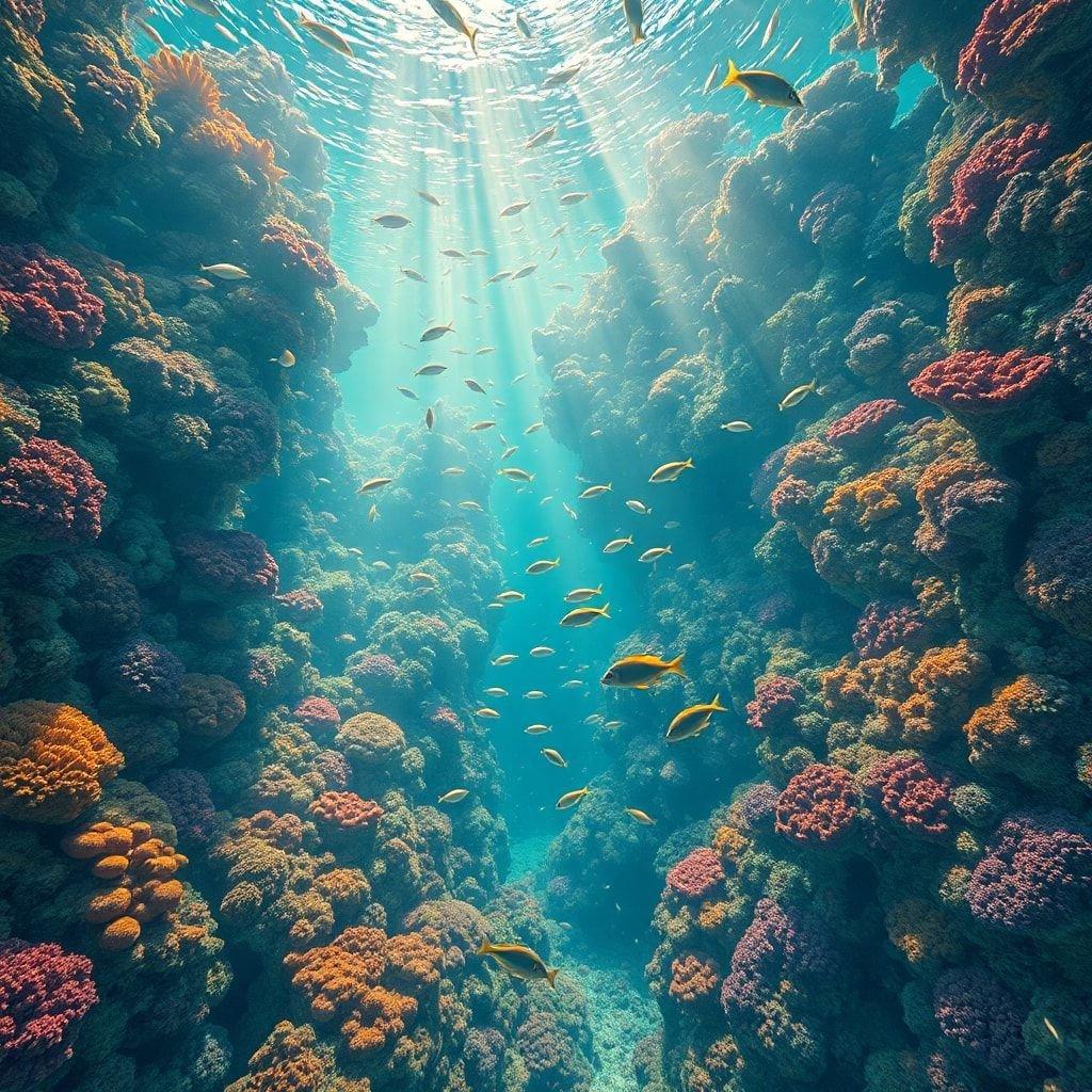 This stunning underwater landscape wallpaper captures the beauty of the ocean's depths, with vibrant coral reefs and schools of fish swimming in the background.