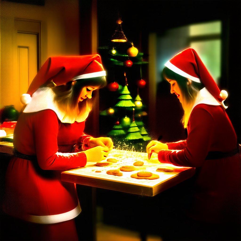 Two festive elves enjoying the warmth of holiday cheer as they bake cookies together.