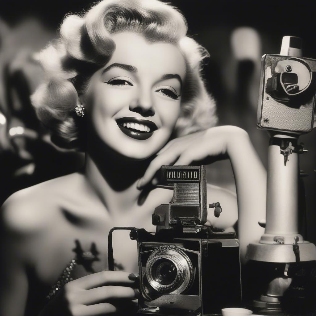 Cette image capture le style iconique de Marilyn Monroe, rappelant ses débuts à Hollywood. Avec son look signature et un appareil photo vintage, elle incarne l'élégance intemporelle du cinéma classique.