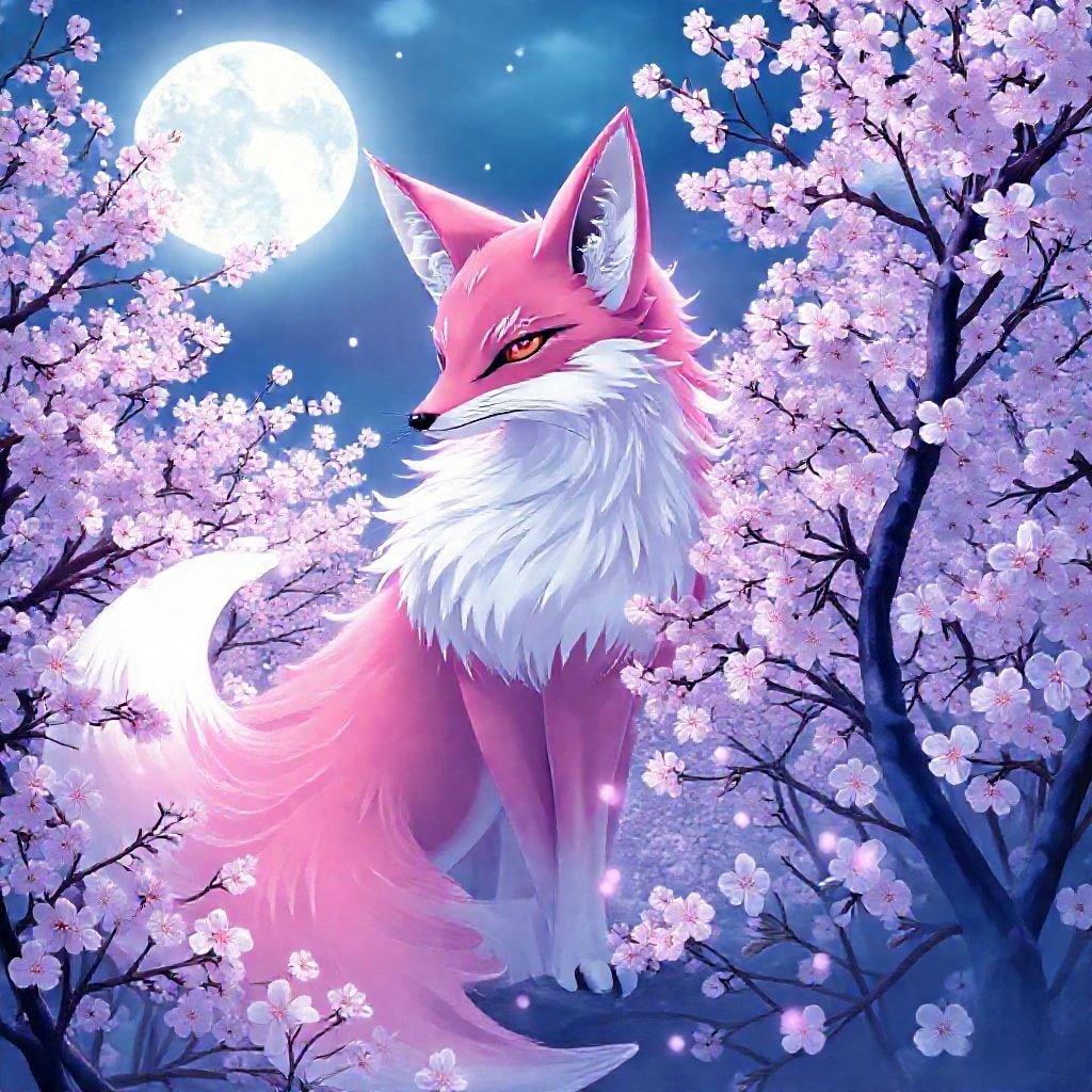 Cette illustration anime captivante présente un renard avec un pelage rose et blanc vibrant se tenant dans une forêt de cerisiers sous le ciel nocturne éclairé par la lune, créant une scène enchanteresse de l'esprit d'un renard.