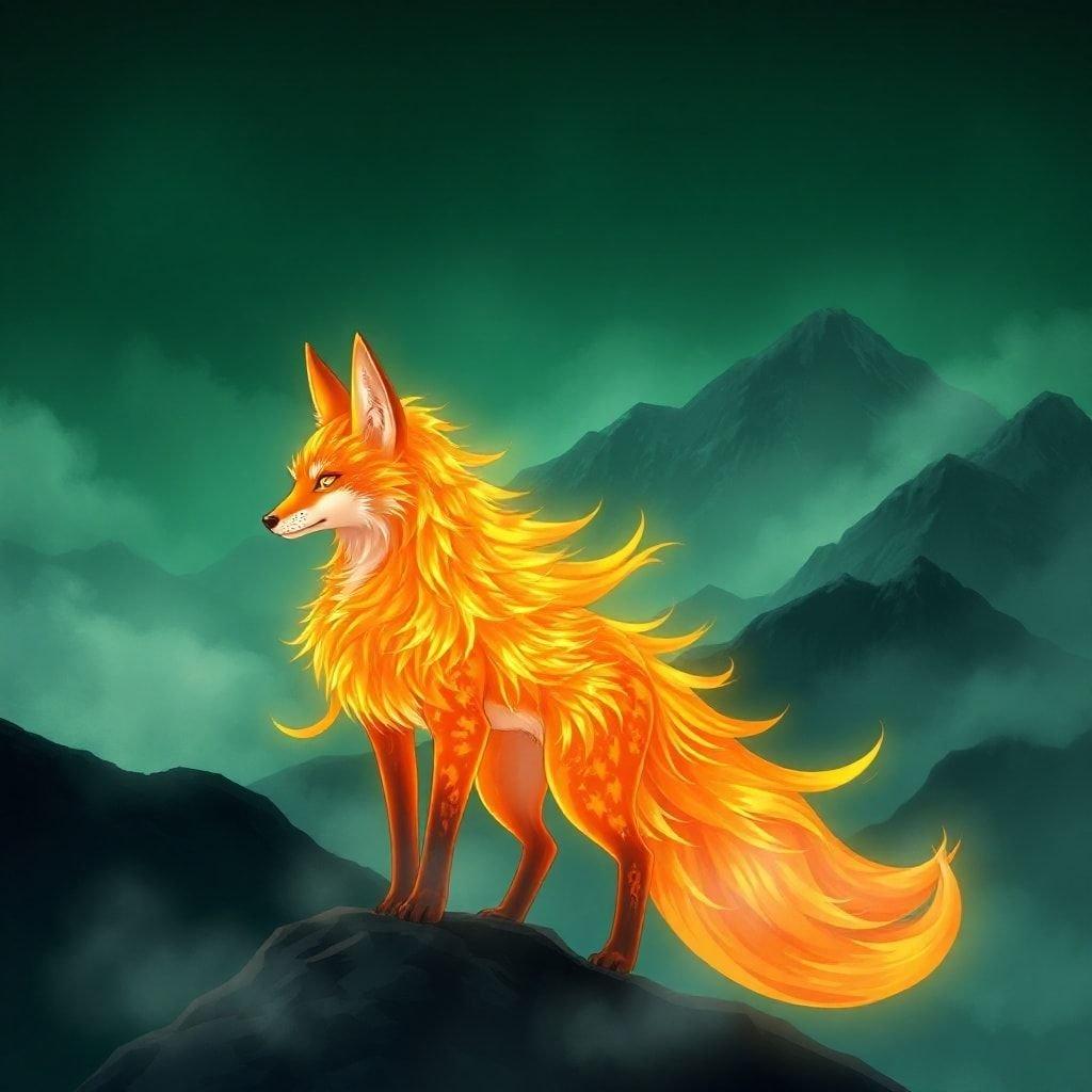 Immerse yourself in the mystical world of anime with this captivating illustration of a majestic fox spirit. Its striking orange and yellow fur stands out against the dark green and black background, while its piercing gaze draws you in. The misty mountain range adds depth and mystery to this enchanting scene.