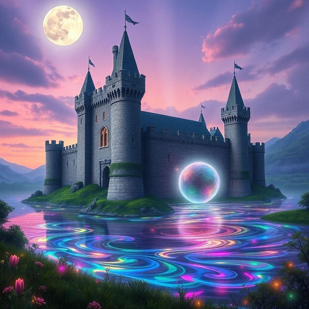 This fantastical castle, perched on the edge of a serene lake, radiates an ethereal glow as dusk falls. The sky above mirrors the castle's magical hues with the full moon casting a soft light over everything.