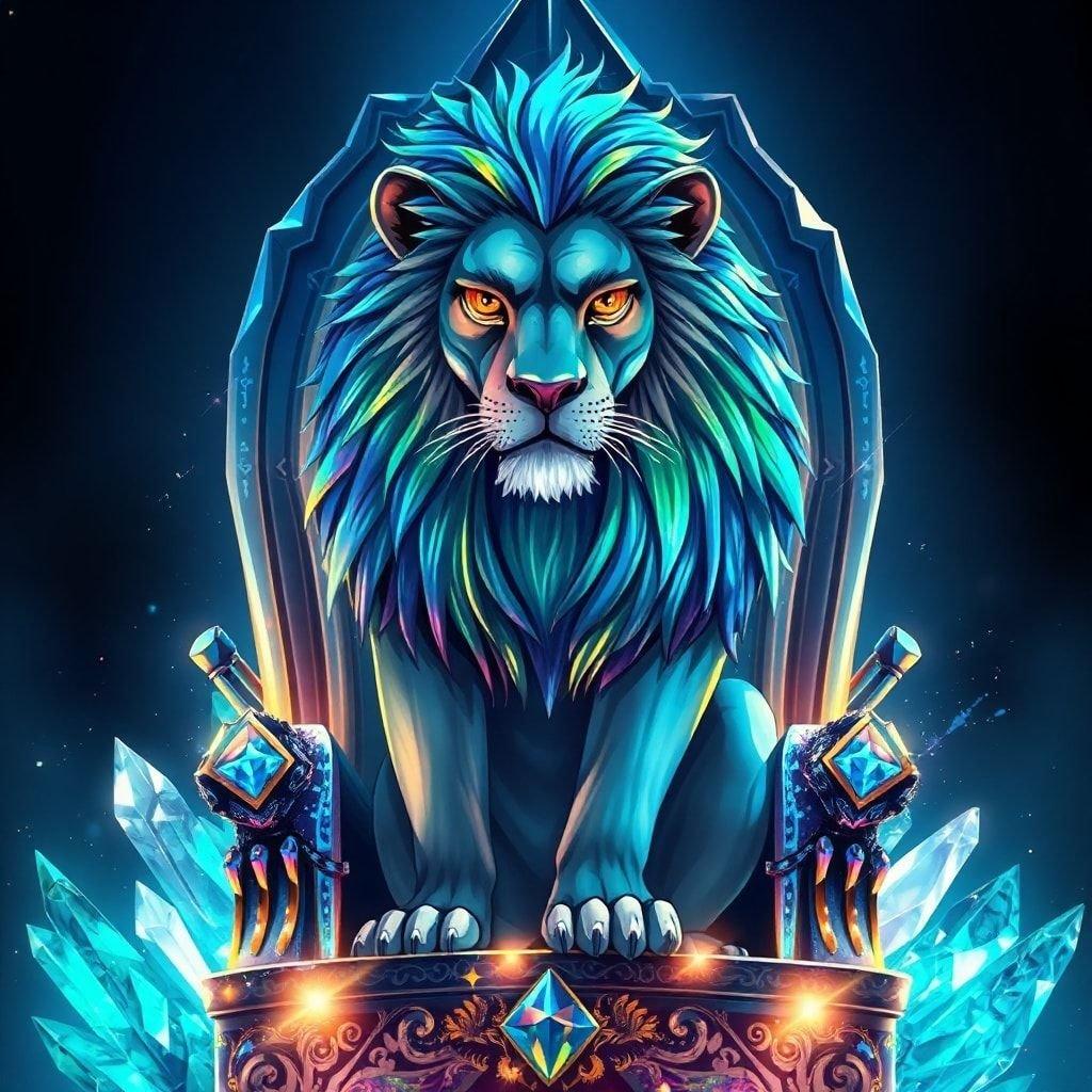 An anime-inspired wallpaper featuring a regal lion with iridescent blue and green fur, sitting atop a glittering crystal throne. The dark background contrasts with the majestic lion's gaze and the enchanting sparkle of the throne. Perfect for desktop and mobile screens alike.