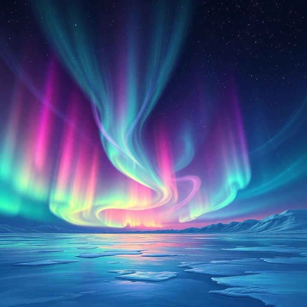 This wallpaper features a breathtaking display of the Aurora Borealis, also known as the Northern Lights. The vibrant colors and swirling patterns of the aurora are set against a backdrop of a starry night sky, creating a truly stunning visual effect.