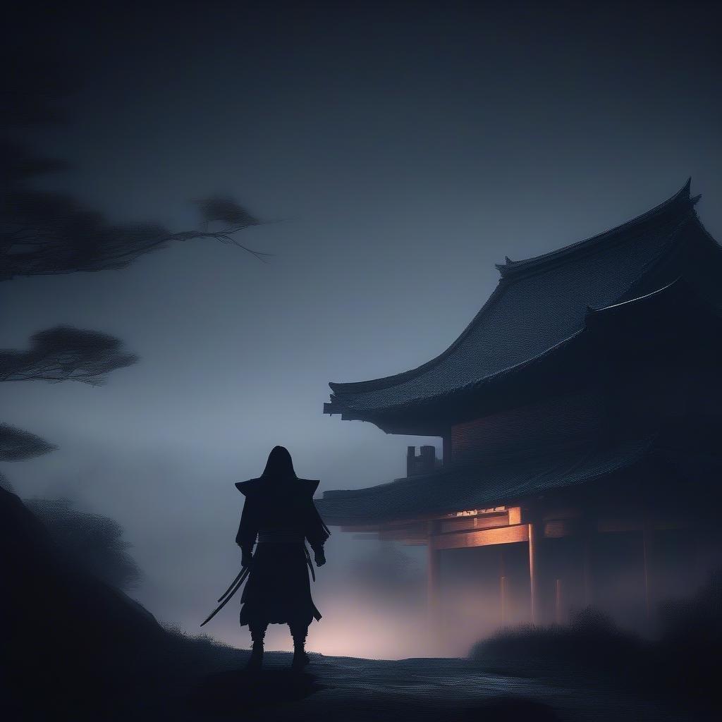 Heimlich und geheimnisvoll steht dieser Ninja vor einem majestätischen japanischen Tempel, seine dunkle Silhouette hebt sich gegen den nebligen Nachthimmel ab.