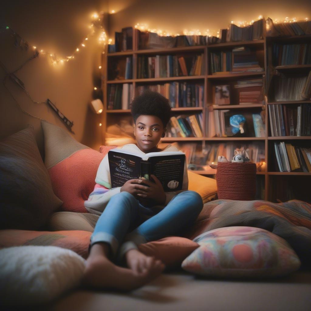 A cozy reading nook with a young woman immersed in her book, surrounded by an inviting bookshelf.