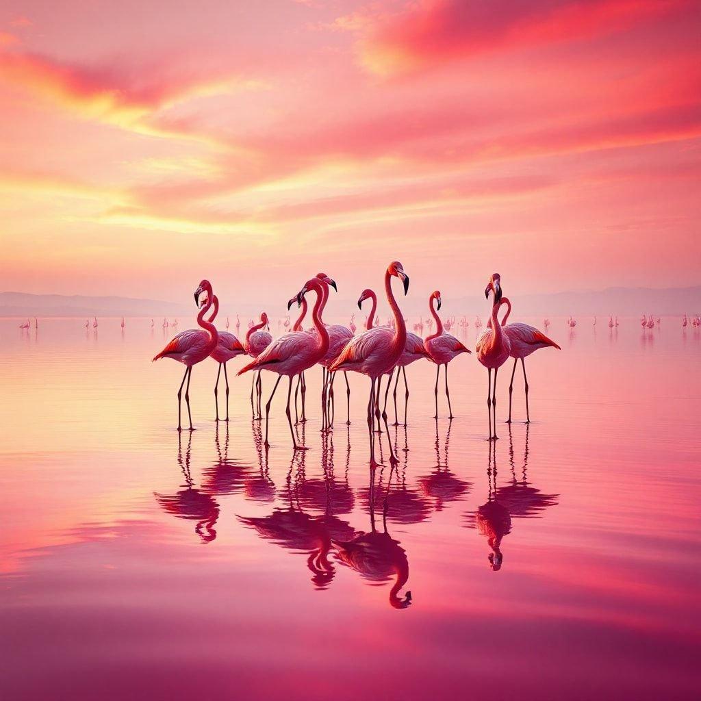 Ett fantastiskt bakgrundsbild som visar en flock flamingos som samlas vid solnedgången och skapar en fantastisk scen av naturlig skönhet.