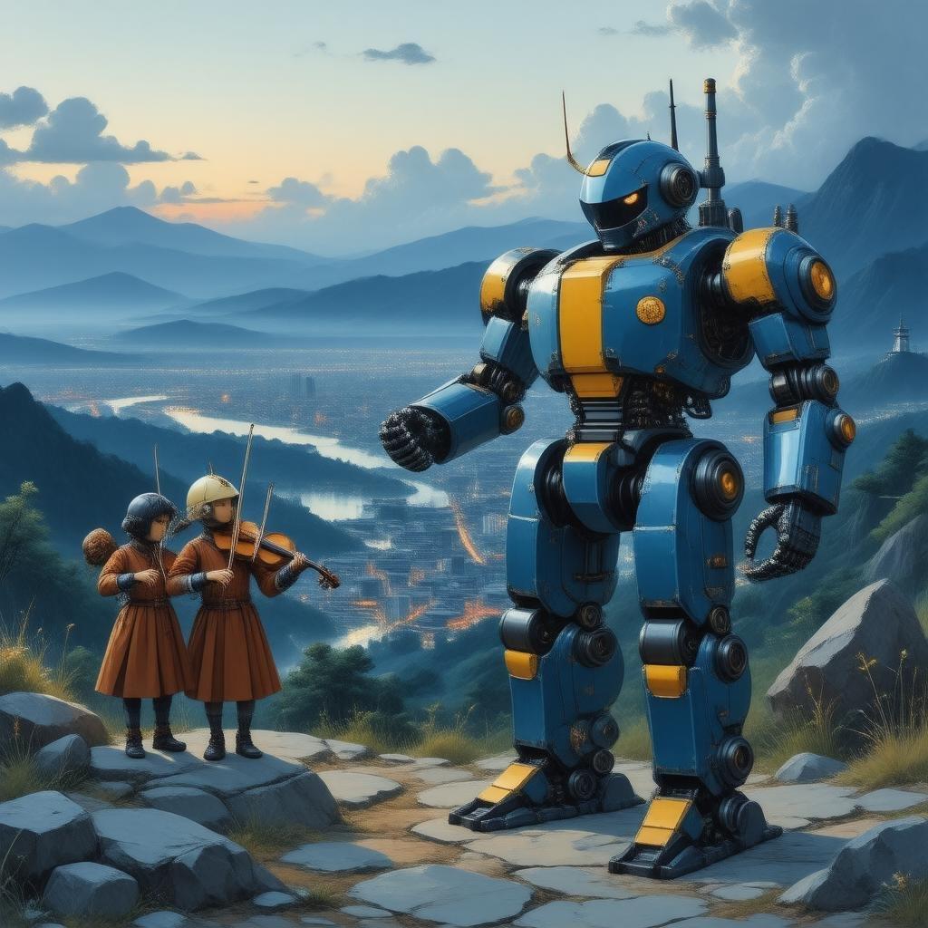 Dieses atemberaubende Wallpaper zeigt eine Gruppe von Robotern, die traditionelle japanische Musik spielen, vor einer atemberaubenden Kulisse eines Hügels mit Blick auf die Stadt in der Dämmerung. Der große Roboter mit seinem blauen und gelben Körper hält eine Geige, während der kleinere Roboter hinter ihm steht und ebenfalls eine Geige hält. Der dunkle Himmel mit ein paar Wolken trägt zur Atmosphäre der Szene bei und macht dieses Wallpaper perfekt für Desktop- und mobile Nutzung.