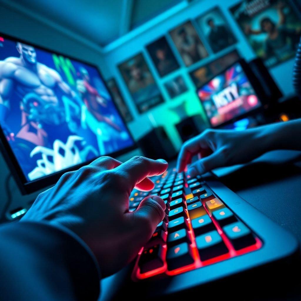 The thrill of the game shines bright in the dark. The hands move with precision, each key stroke illuminated by the glowing keyboard. A late-night companion for any gaming enthusiast.