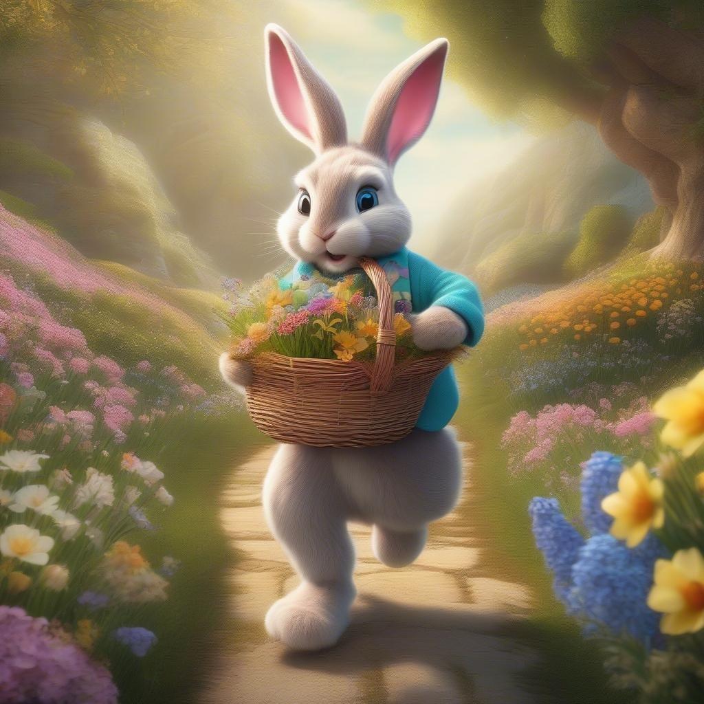 This whimsical scene captures the joyous spirit of Easter. Featuring your favorite bunny, Peter, from our classic tale, he's on a bunny hop through a colorful forest. Carrying a basket filled with freshly picked flowers, he embodies the love and happiness that Easter brings.