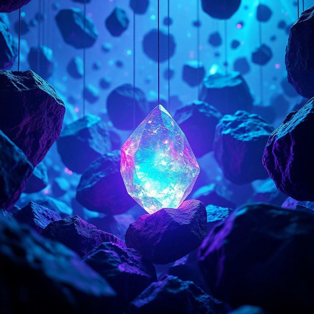 A vibrant, luminescent crystal nestles in the heart of an ethereal cave-like formation. Explore this fantastical underworld where every rock glows with life.