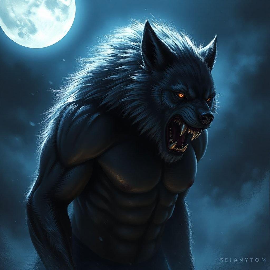 In the night sky, a wolf howls under the glowing moon. This creature embodies power and mystery, perfect for fantasy enthusiasts.