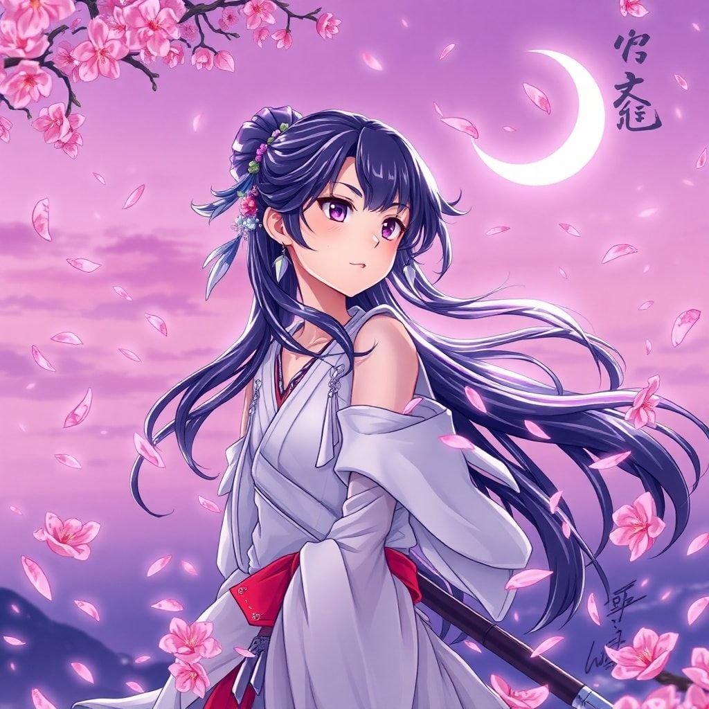 Eine ruhige Anime-Illustration einer jungen Ninja-Prinzessin, umgeben von rosa Kirschblütenblättern und einem zunehmenden Mond, vor einem sanften lila Himmel.