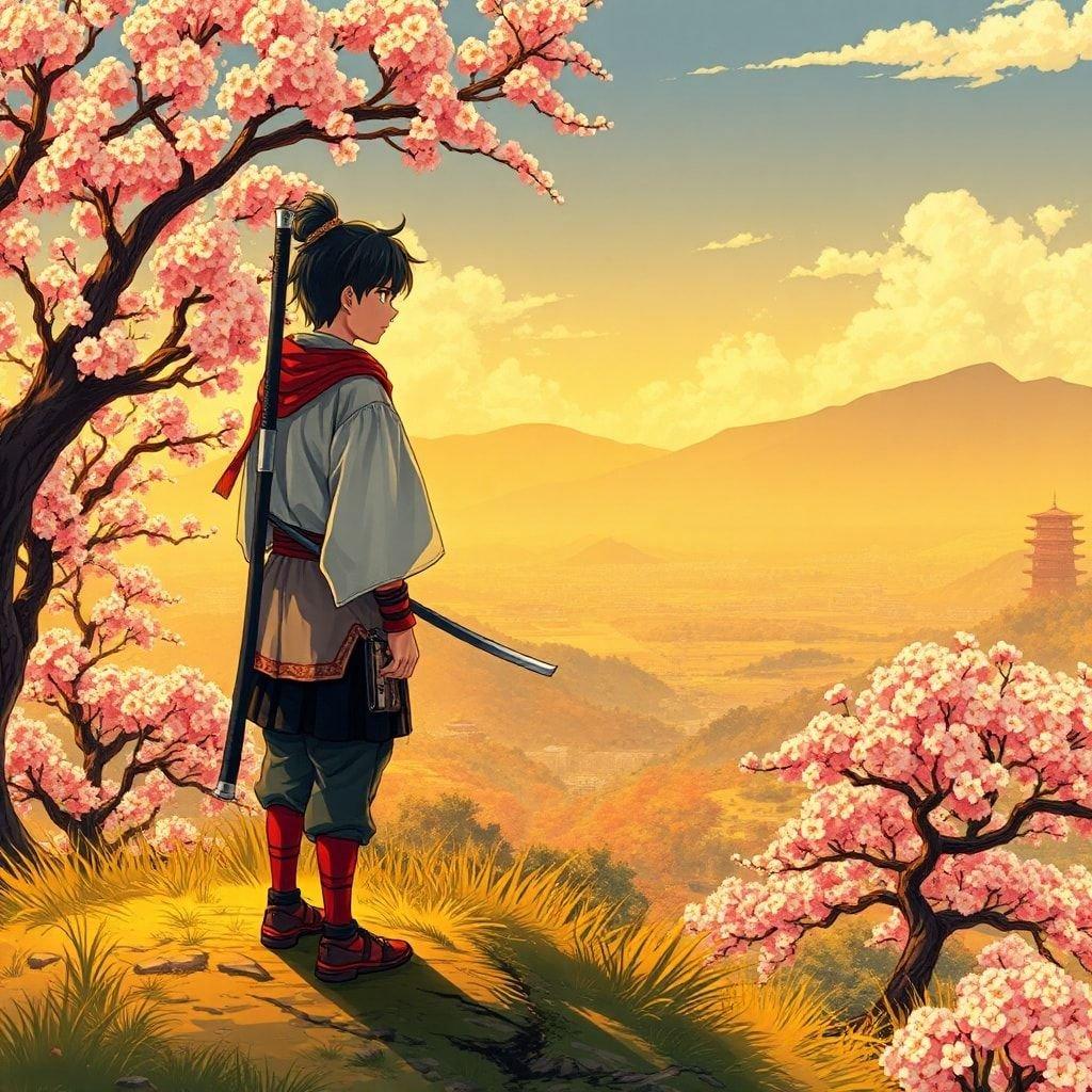 A serene anime illustration of a young samurai standing on a hill, surrounded by a lush cherry blossom-filled valley.