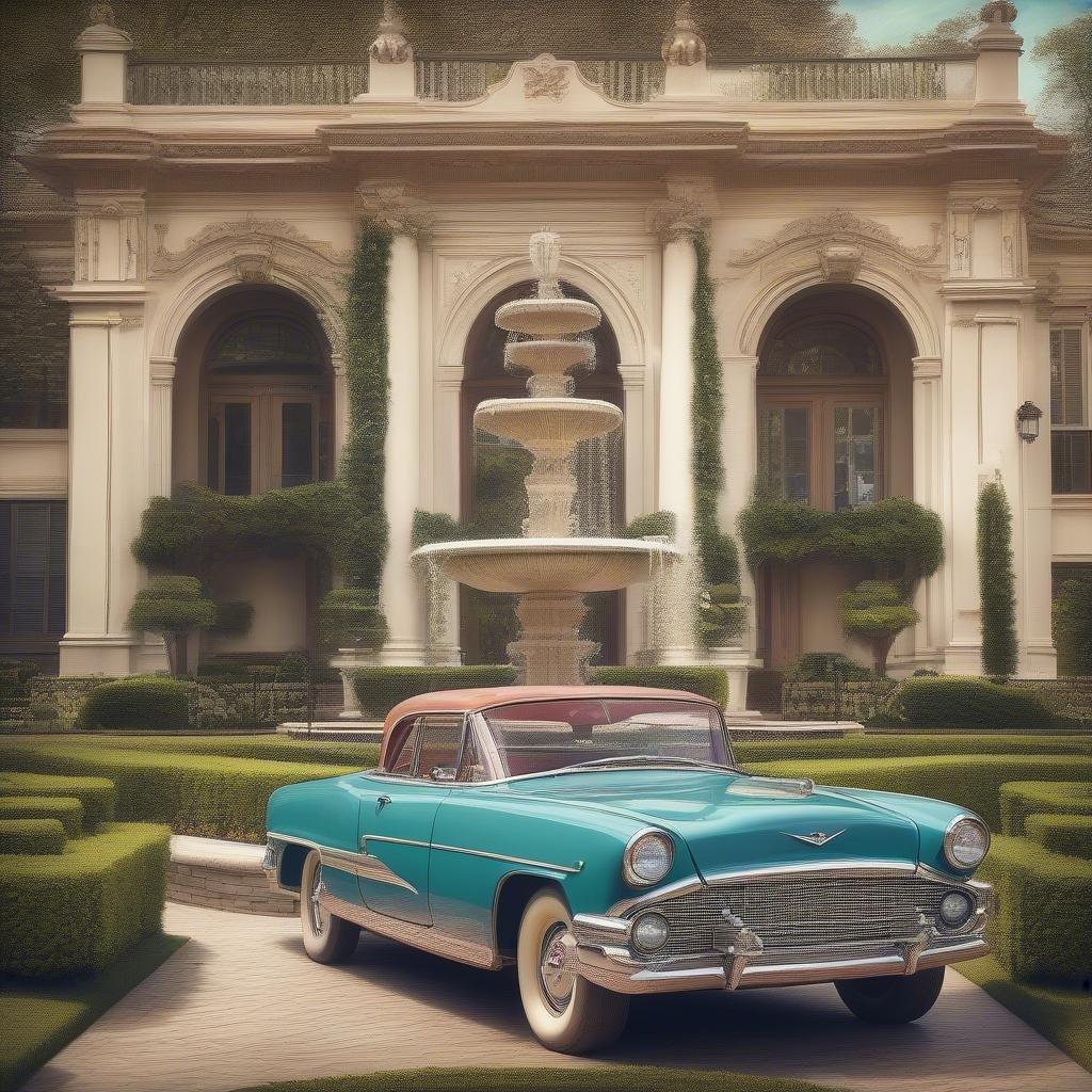 A classic Chevy Bel Air muscle car parked on a cobblestone driveway in front of a grand mansion with fountains.