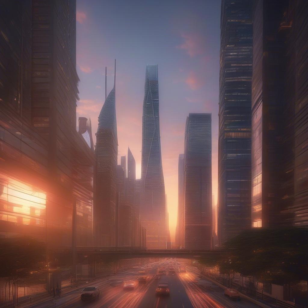 A breathtaking view of the city skyline during a beautiful sunrise, with cars driving on the highway.