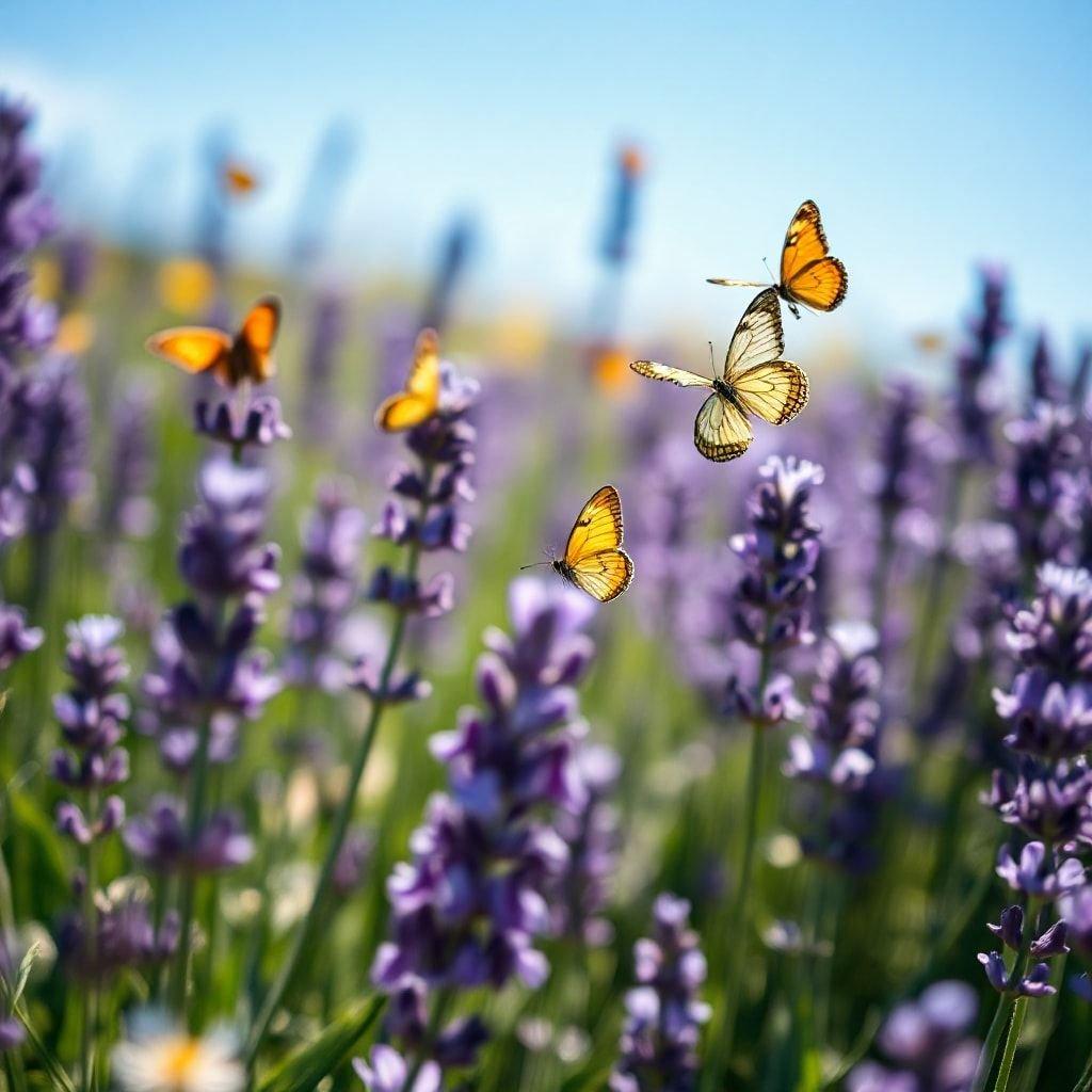 Ein Feld, das mit Lavendelblüten blüht, wo Schmetterlinge frei fliegen. Der perfekte Hintergrund für eine ruhige Gartenszene.