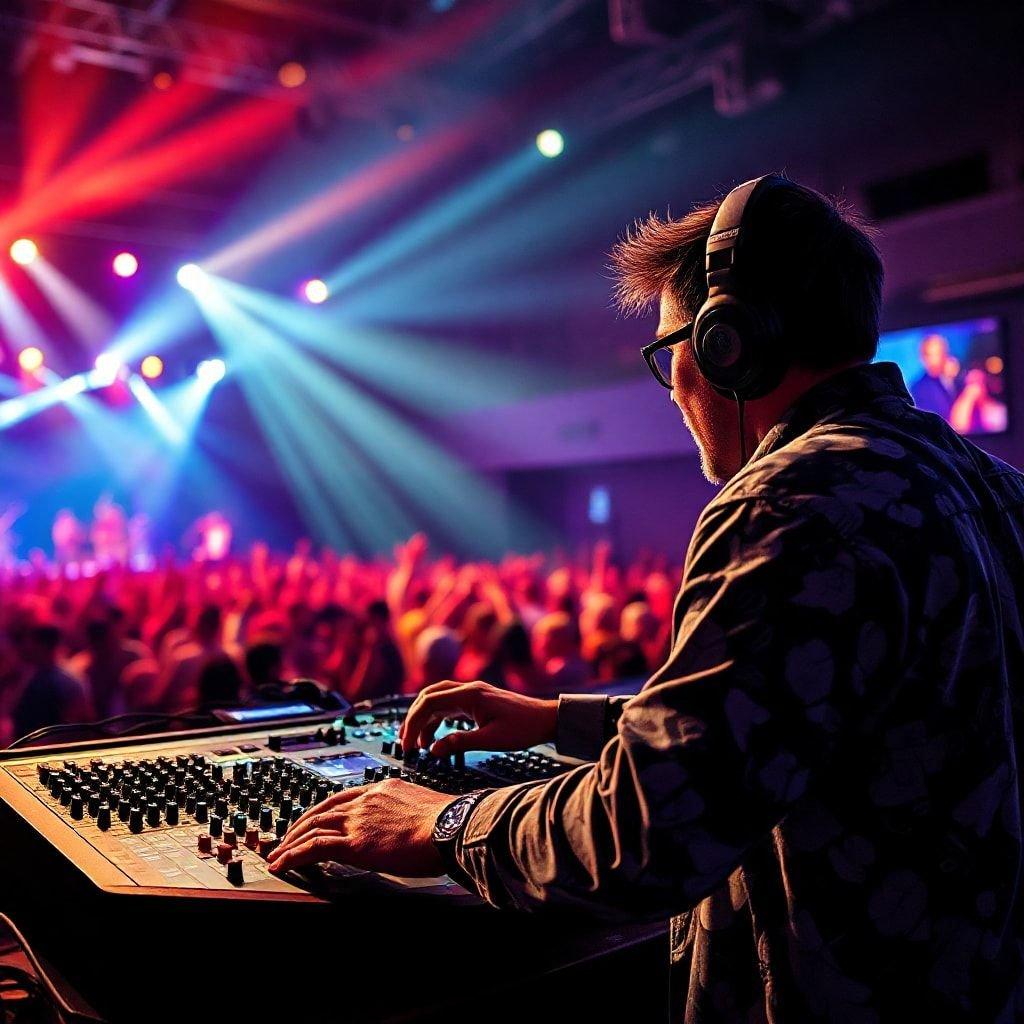 An entertained DJ mixes the music at a lively concert, the stage lights illuminating his focused expression as he manipulates the equipment.