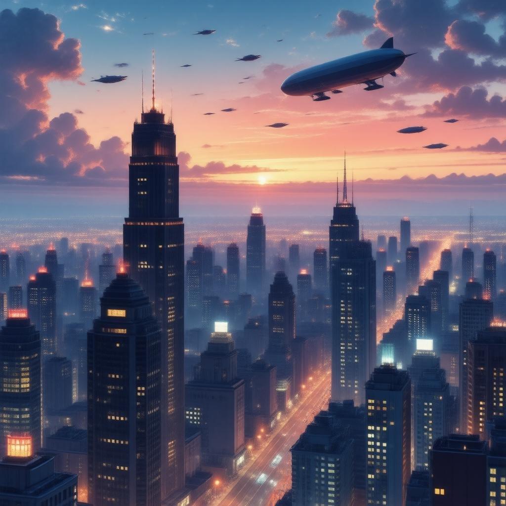 Sumérgete en el vibrante mundo del anime con este impresionante paisaje urbano al atardecer. Rascacielos imponentes y naves voladoras crean una atmósfera dinámica, mientras que las luces coloridas en primer plano añaden profundidad y calidez a la escena.