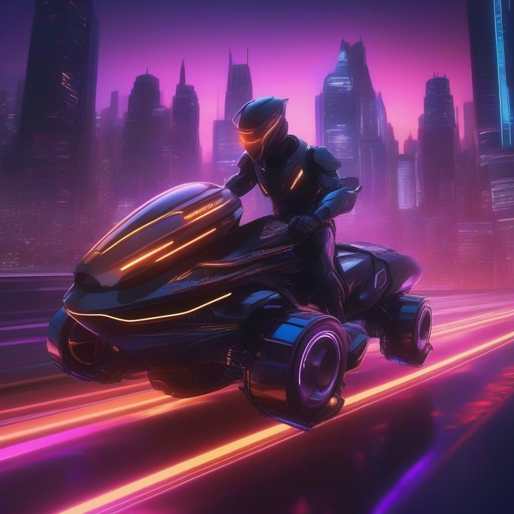 A futuristic scene featuring an astronaut on a motorcycle, showcasing advanced technology and space exploration.