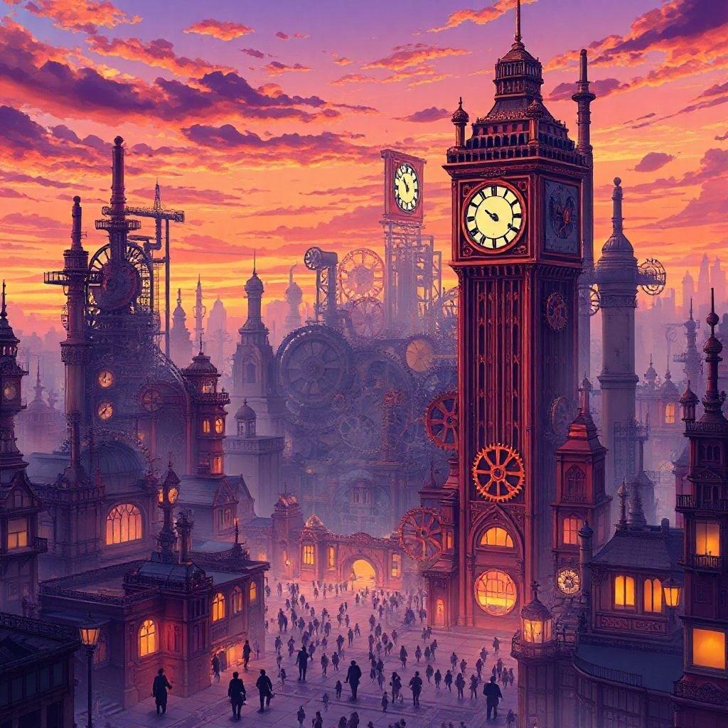 Immergiti nel mondo affascinante dello steampunk con questo straordinario sfondo per il desktop ispirato all'anime. La torre dell'orologio centrale, adornata con ingranaggi e ruote dentate intricate, occupa il centro della scena, mentre la metropoli frenetica in primo piano aggiunge profondità e scala. Questa scena tranquilla è perfetta per gli appassionati di fantascienza e fantasy, offrendo un mix unico di estetica vittoriana ed elementi futuristici.