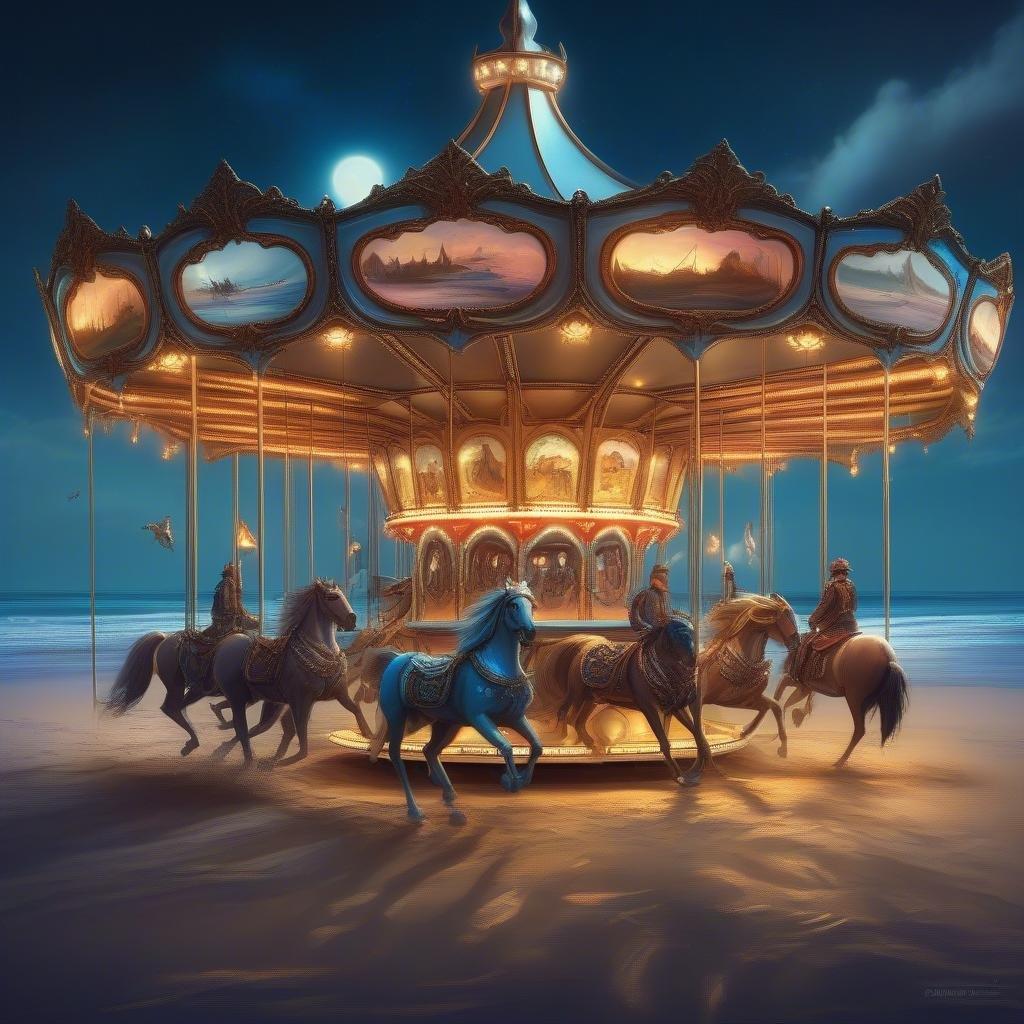 A magical carousel under the full moon on a sandy beach, with detailed horses and vibrant lanterns.