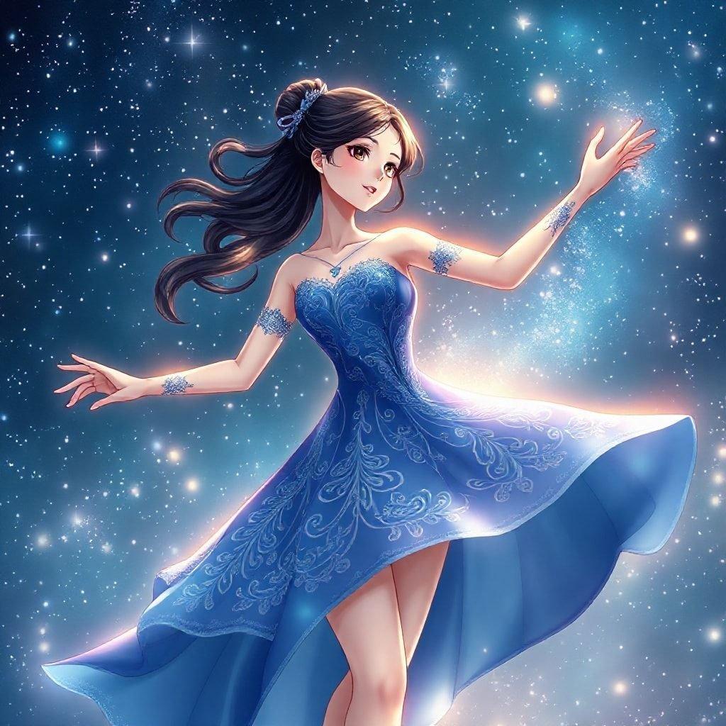 Questo affascinante sfondo anime presenta una serena ballerina che danza in un cielo stellato, emanando un senso di tranquillità e meraviglia.