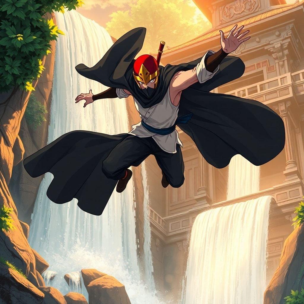 This captivating anime illustration showcases a ninja warrior in mid-leap, descending from a waterfall into a hidden temple. The warrior's attire consists of a black cloak and white shirt, complemented by a striking gold headpiece and red hat. The temple's architecture is intricately detailed, illuminated by the warm glow of the setting sun. The scene exudes a sense of anticipation, drawing the viewer's attention to the dynamic figure.