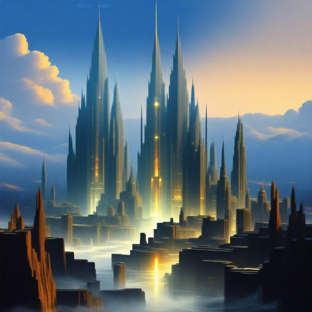 A mystical fantasy city scene, complete with towering structures reaching towards the sky. The towers are lit from within and appear to be made of some sort of translucent crystal or glass. This image is a stylized representation of a fantastical urban landscape, bathed in soft light that adds to its magical ambiance.