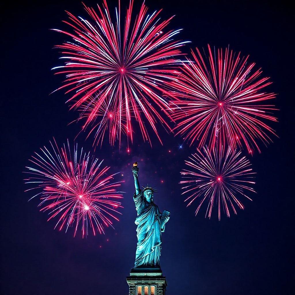 Celebrate Independence Day with this stunning wallpaper featuring the Statue of Liberty and fireworks.