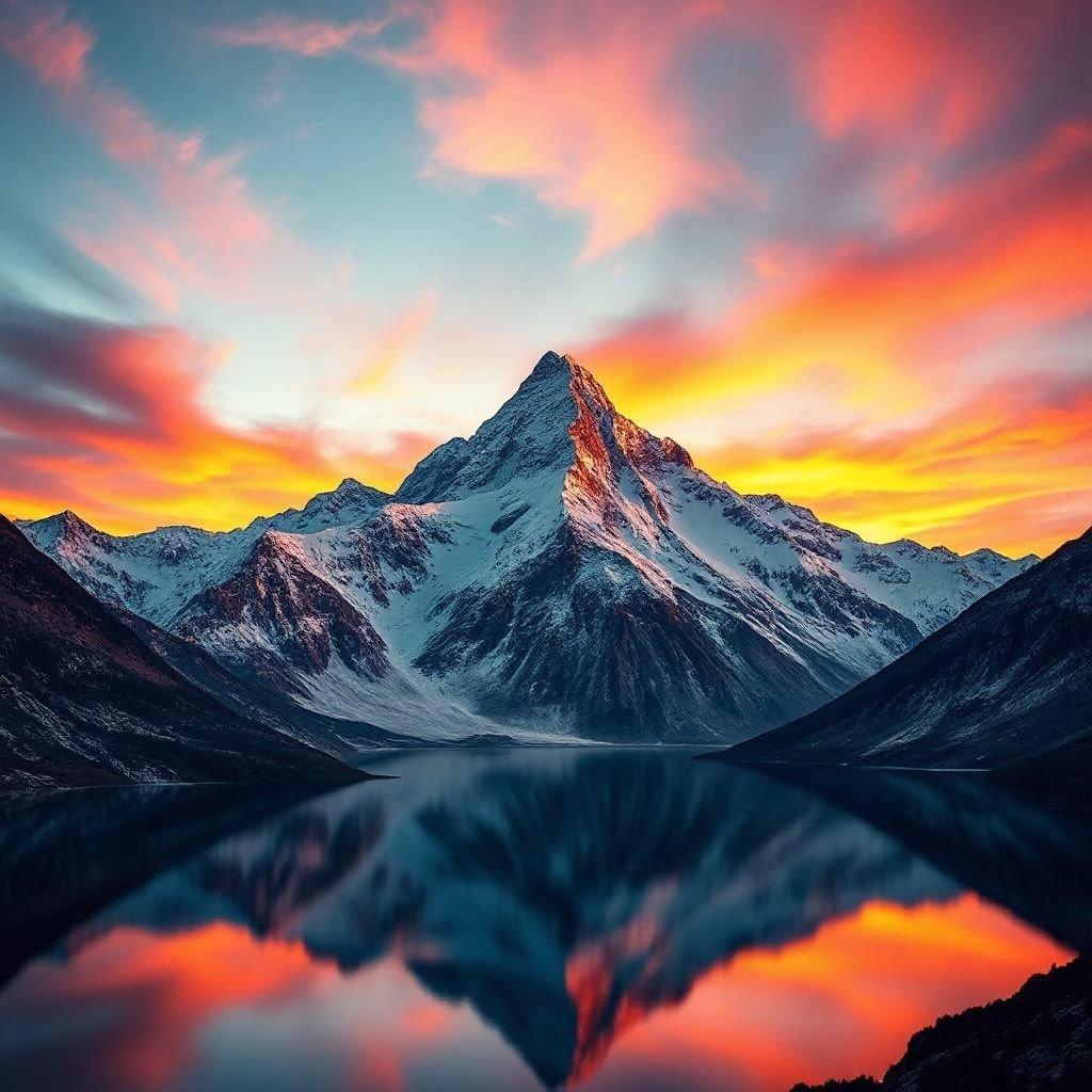 A breathtaking view of a snow-capped mountain peak with vibrant colors of the sunrise reflected in the calm water below, set against a clear sky.