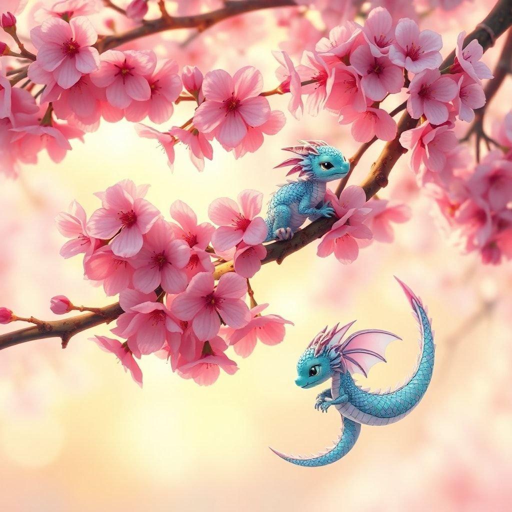 Immerse yourself in the enchanting world of anime with this captivating wallpaper featuring delicate cherry blossoms and adorable dragons.