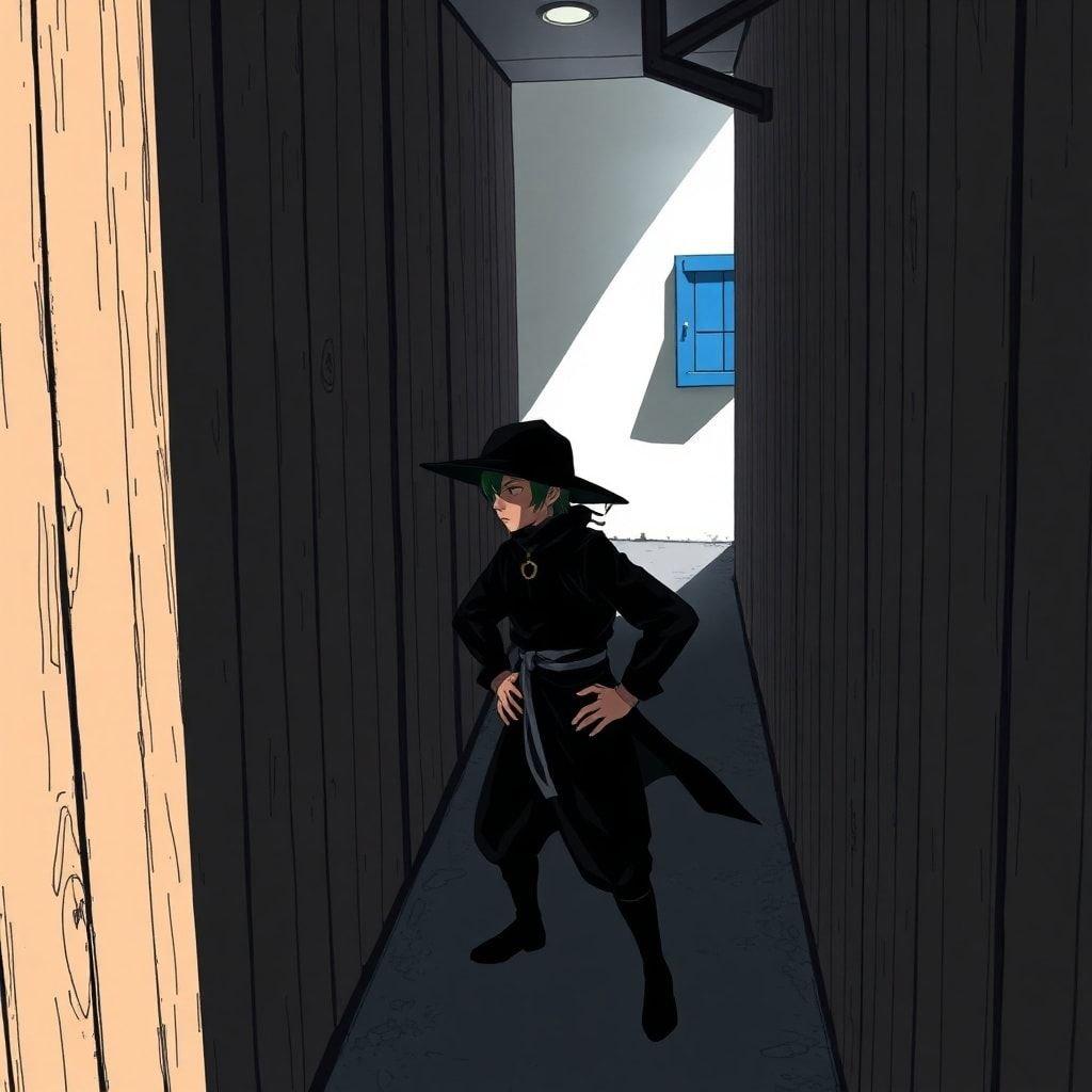 This anime-style wallpaper features a young ninja sneaking through a shadowed alleyway, exuding a sense of stealth and mystery.