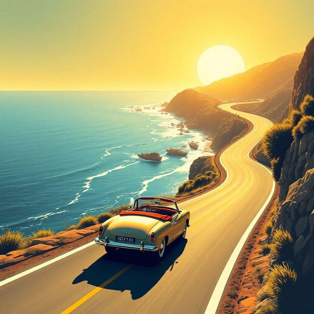 Drive down the coast in this classic car, taking in the breathtaking view at sunset. A retro adventure awaits.