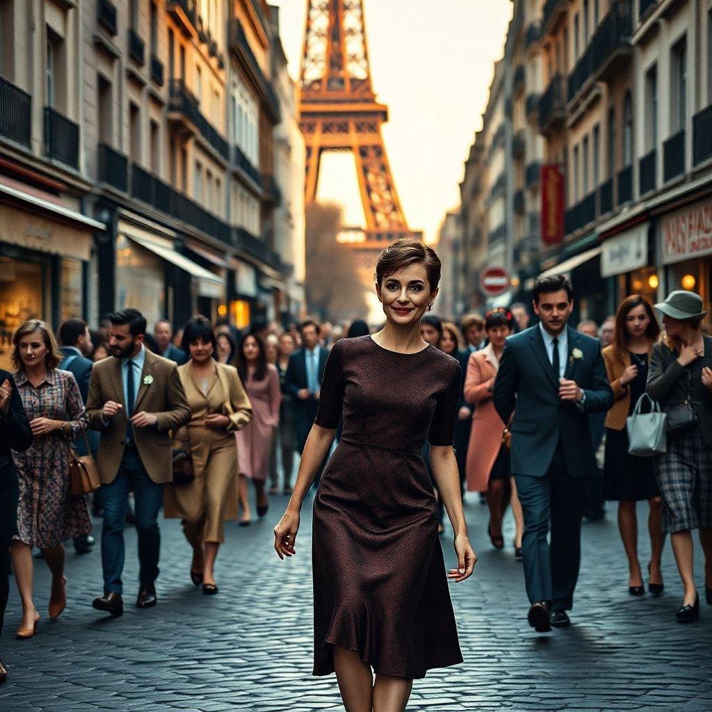 Stylish actress strolling down bustling streets with locals, showcasing city life and fashion.