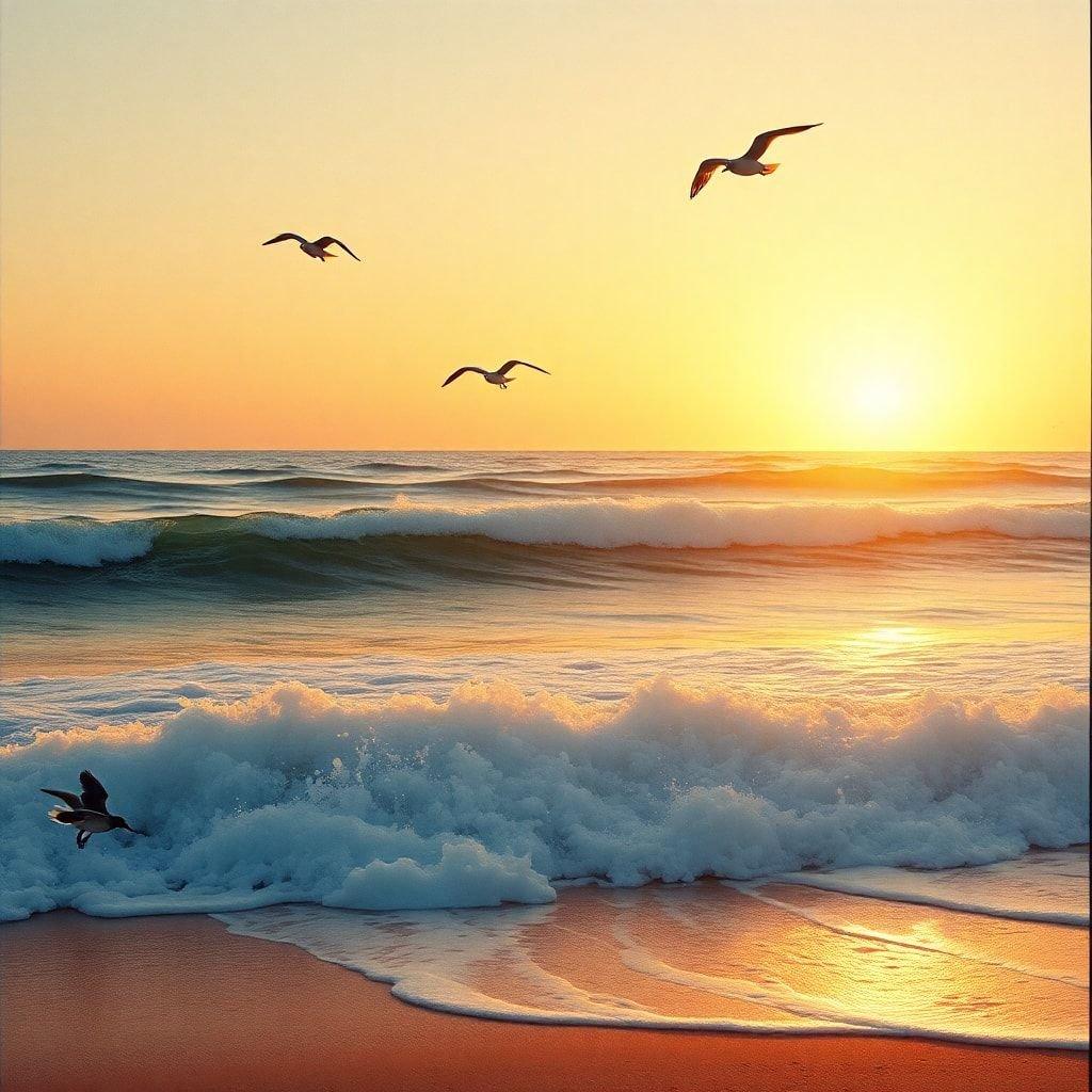 A breathtaking scene at the beach as the sun dips below the horizon, creating a stunning sky backdrop for these three seagulls soaring near the water's edge.