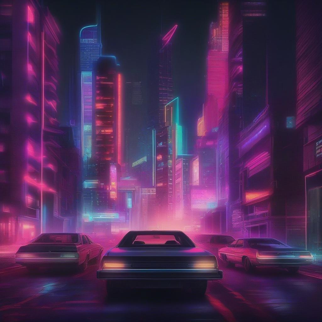 Slip into the neon-lit streets of a retro-futuristic city. Cruise the urban jungle in a vintage muscle car, with a backdrop of towering skyscrapers and the thrum of cyberpunk nights.