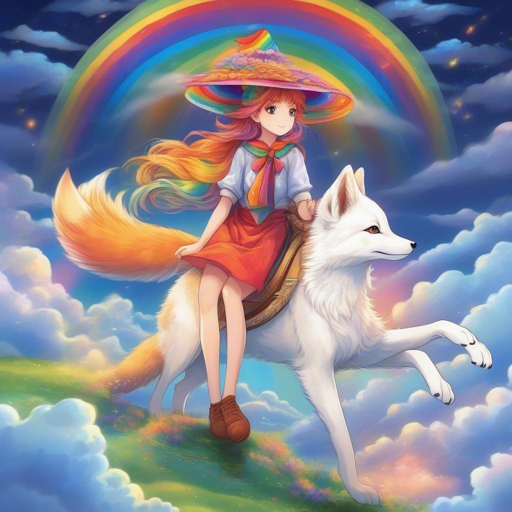 Une jeune fille monte joyeusement sur le dos d'un majestueux renard blanc avec un chapeau vibrant aux couleurs de l'arc-en-ciel orné d'un arc-en-ciel. Le ciel orageux contraste avec les couleurs vives et l'atmosphère éthérée.