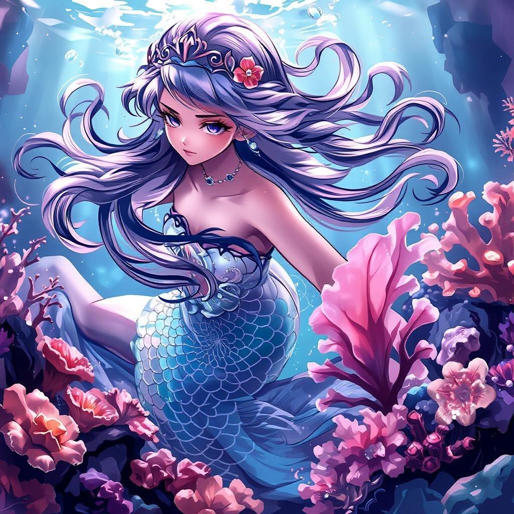 Surrounded by the beauty of an underwater garden, this enchanting mermaid princess exudes serenity and grace. Her long, cascading hair adds to the mystical atmosphere as she swims amidst the corals and pink kelp. The detailed illustration captures a moment of tranquility that is both charming and whimsical.