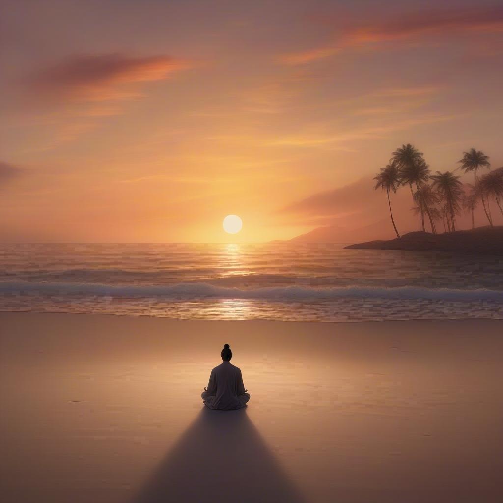 An inspirational digital art piece featuring a tranquil beach sunset with a person meditating on the sand, surrounded by palm trees. The warm colors and serene setting create an atmosphere of relaxation and inner peace.