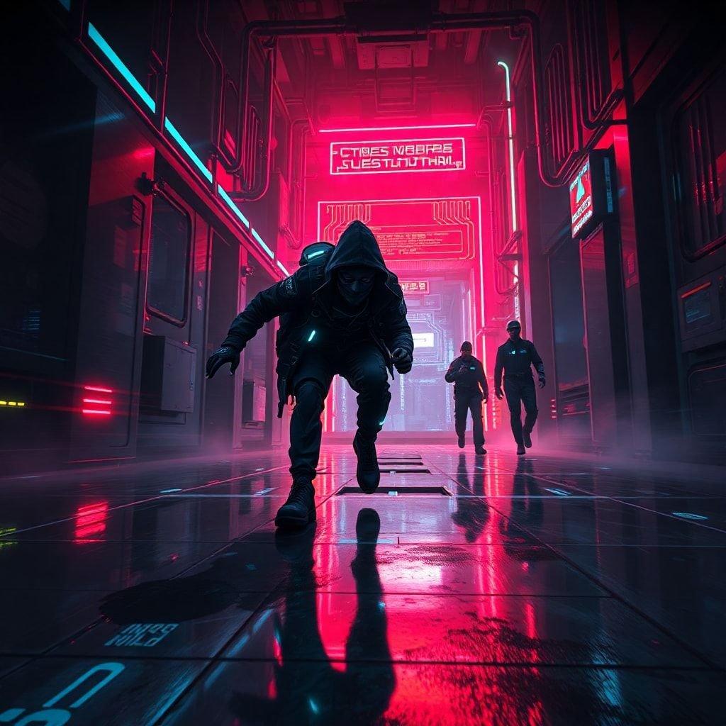 A cyberpunk anime scene featuring characters from a futuristic urban environment.