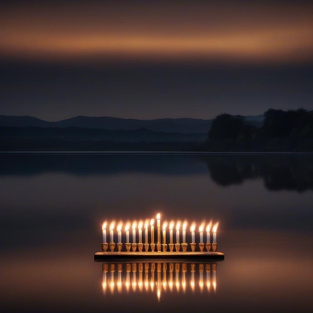 A serene nighttime scene featuring a floating raft lit with multiple candles, illuminating the tranquil waters and creating an idyllic festive atmosphere.