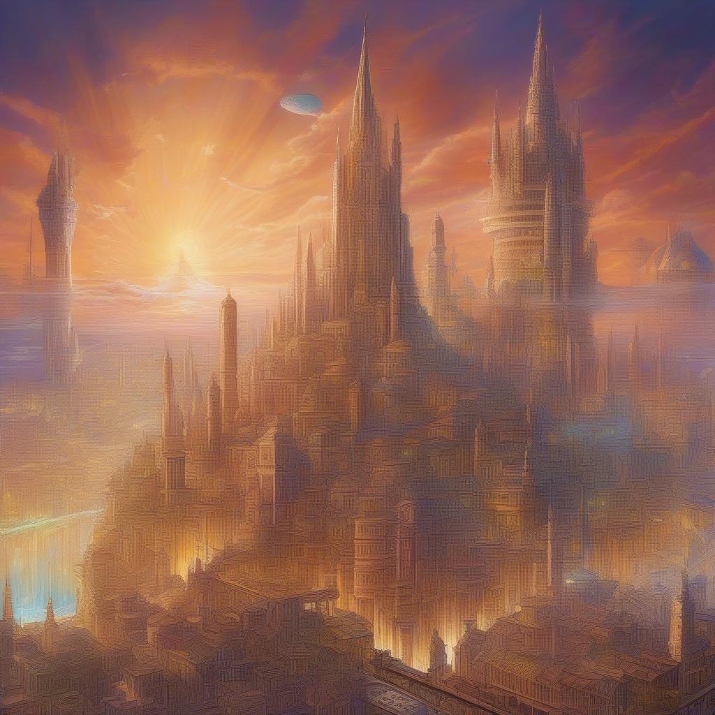 A surreal city skyline under an orange sunset, with intricate spires reaching towards the heavens.