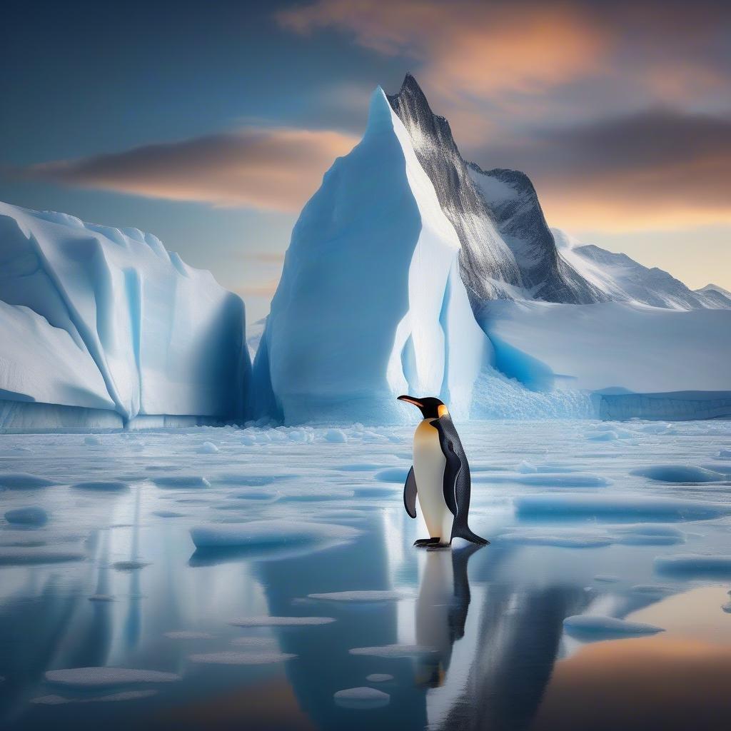 This image captures the iconic penguin, standing alone on the icy surface of Antarctica, with towering glaciers and a mountainous backdrop. The scene is framed by the warm hues of a sunset, adding a sense of tranquility to this remote landscape.