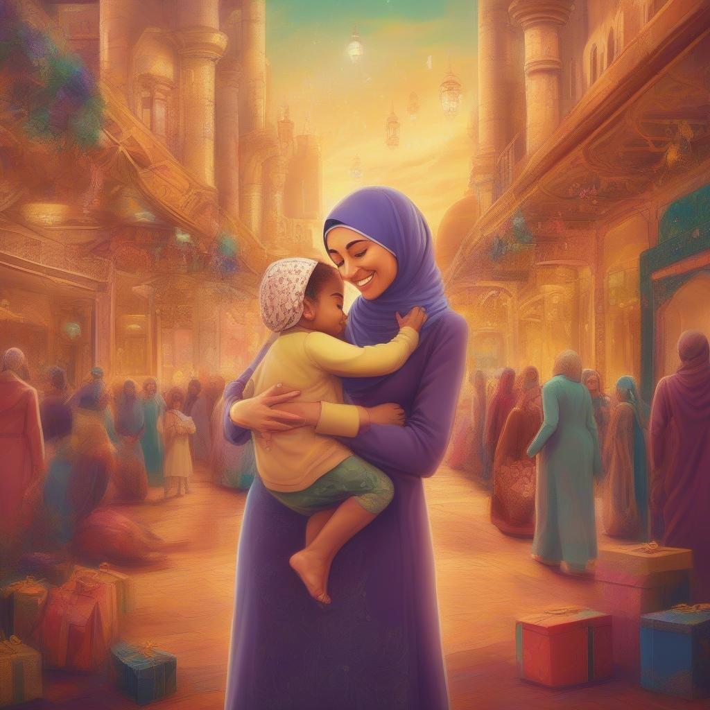 This image captures the warmth and joy of a mother embracing her child during Ramadan, evoking feelings of love, community, and celebration. The vibrant colors and festive atmosphere bring to life the spirit of this holy month.