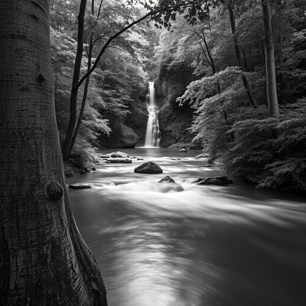 A tranquil scene in monochrome, featuring a bubbling brook winding through a lush forest. A majestic waterfall cascades down amidst the greenery, creating a sense of serenity and beauty.