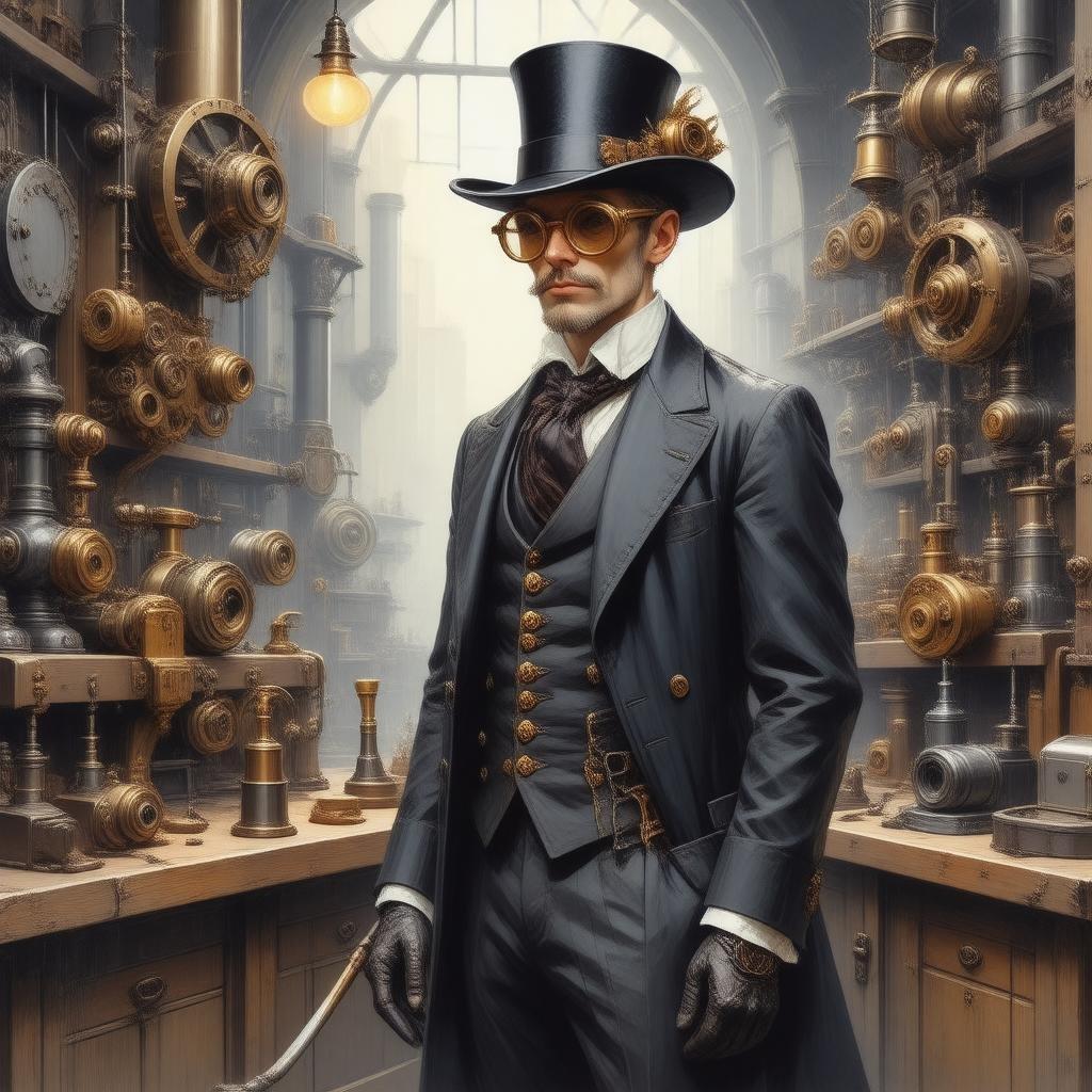 An intricately detailed digital illustration capturing the essence of a Victorian steampunk inventor. The central figure is clad in a black suit and hat, standing amidst an array of strange contraptions and gears that fill his workshop. The focus is on the elaborate design of the suit and gears, while the blurred background creates an enigmatic atmosphere.